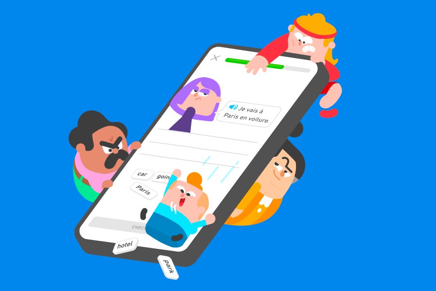 Four Duolingo characters around an iPhone. On screen is a Duolingo translation lesson.