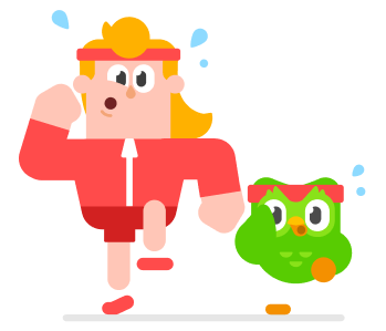 Eddy, l’un des personnages de Duolingo, porte une tenue de sport et court aux côtés de Duo