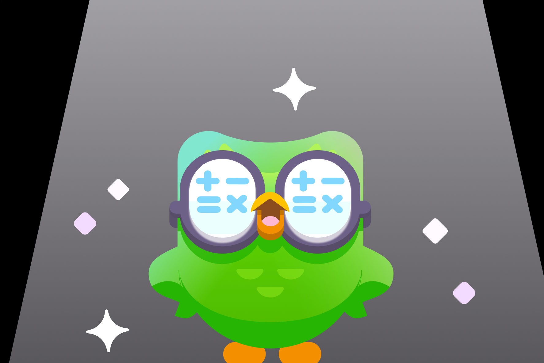 Duo standing with math symbols reflected in his glasses with sparkles around him. 