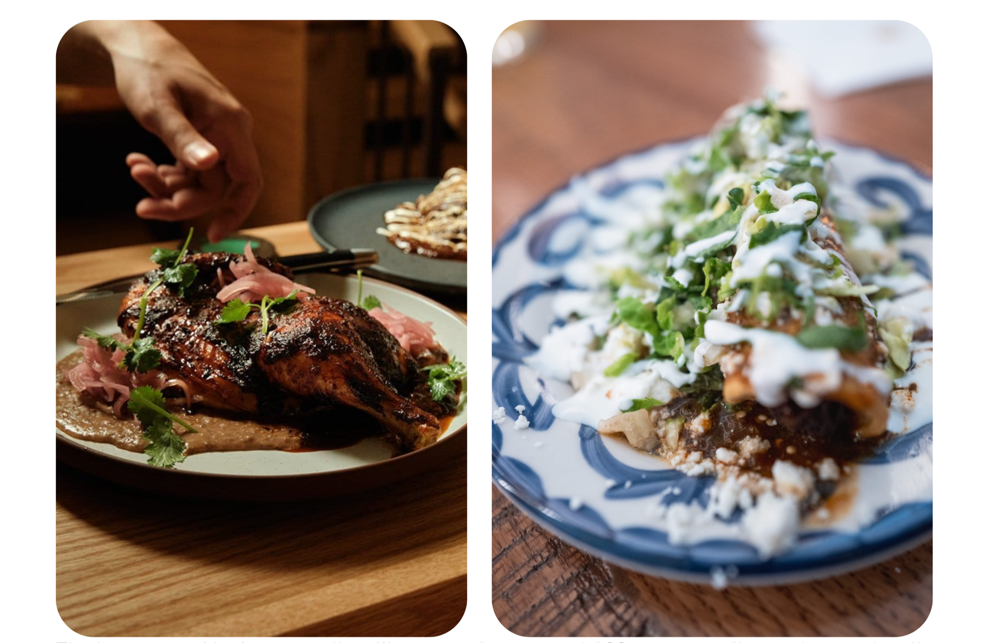 Fotos de dos platillos: pollo rostizado a la izquierda y un taco a la derecha.