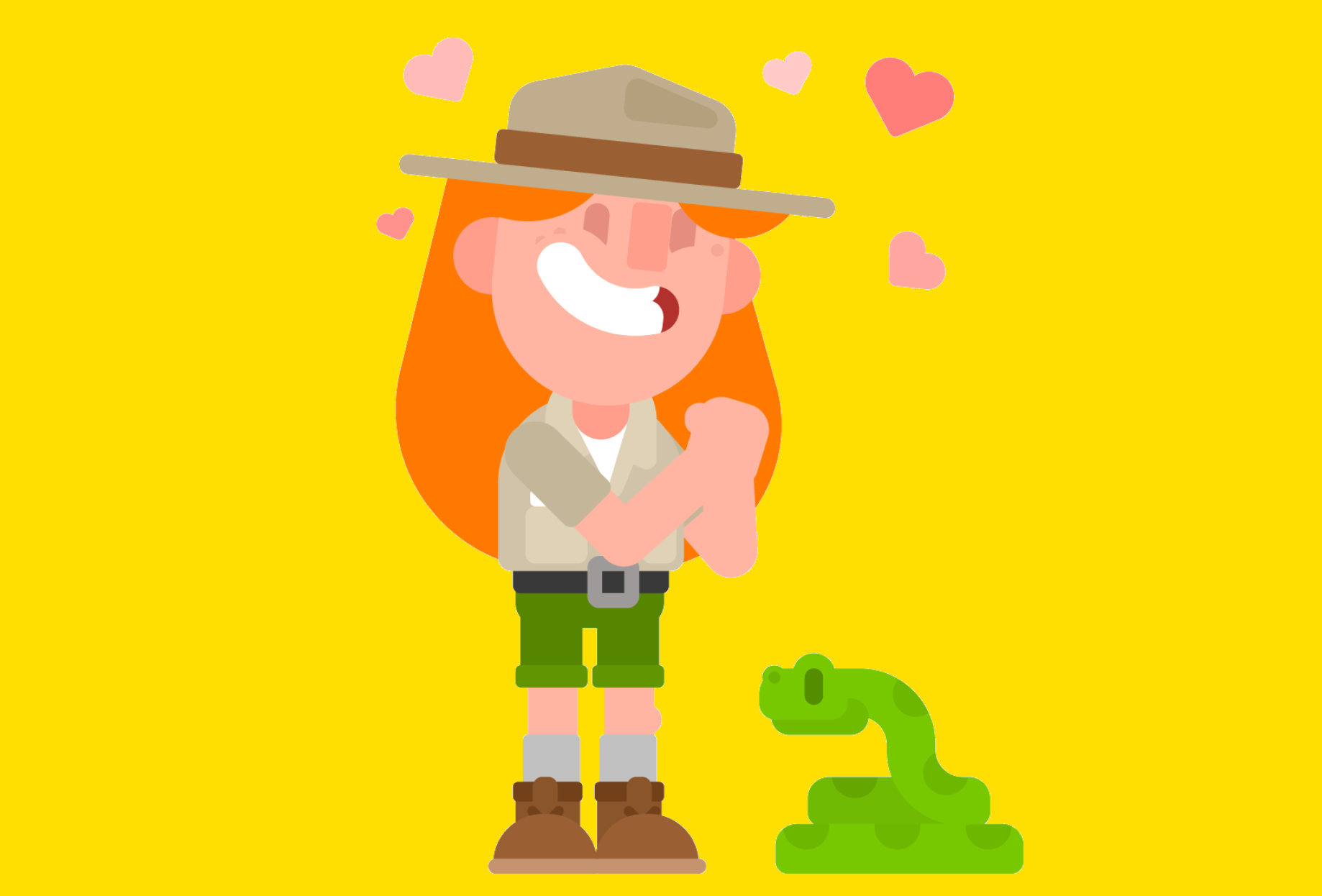 A woman surrounded by cartoon hearts looking at a green snake.