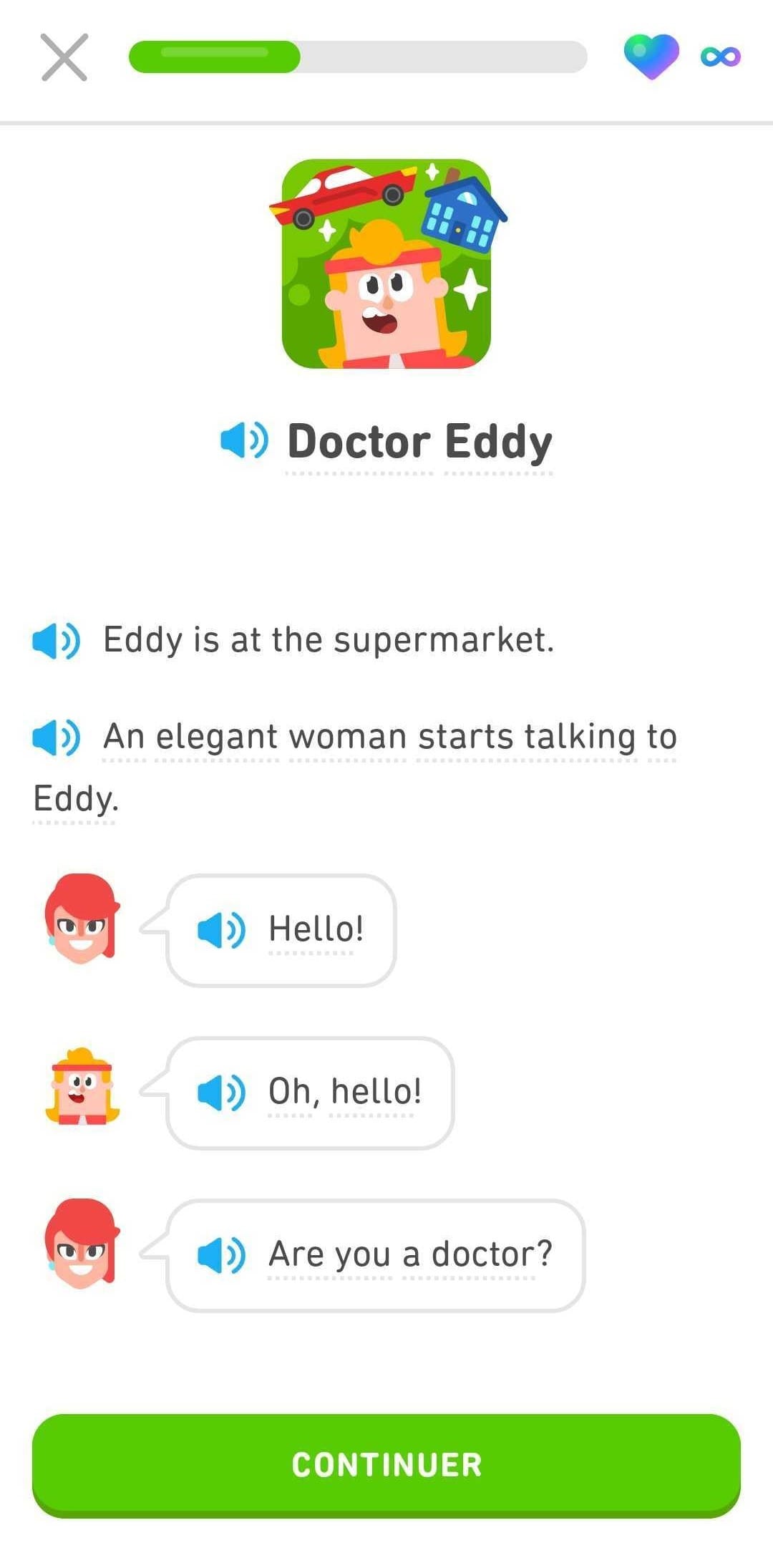 Capture d’écran d’une histoire intitulée « Doctor Eddy ». Deux personnages représentés par un avatar discutent à l’écran. À côté de chaque réplique, il y a un haut-parleur sur lequel l’utilisateur peut appuyer pour écouter le texte prononcé à voix haute.