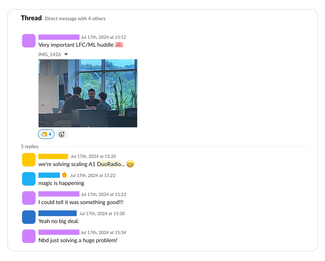 Another Duo shares a photo of the team's "a-ha" moment on Slack.