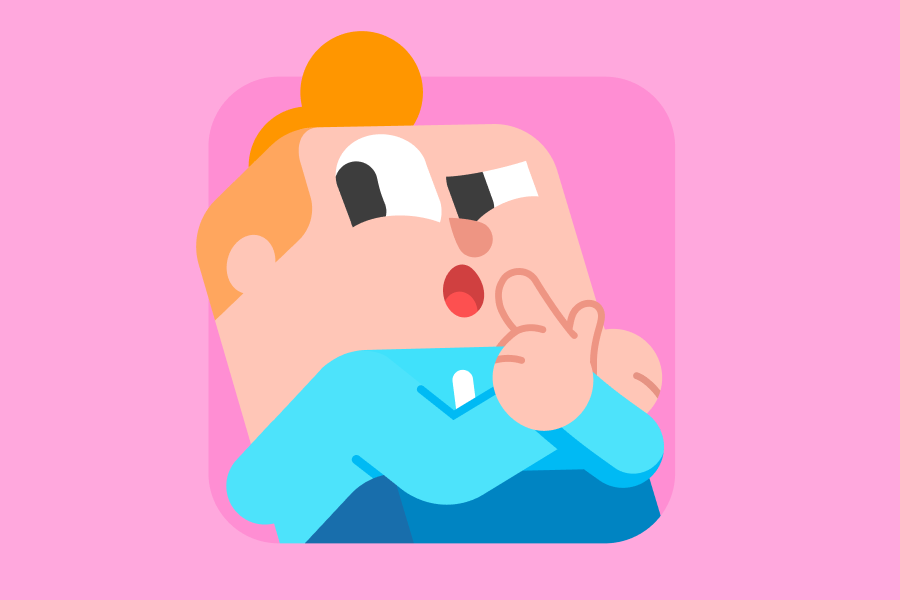 Abbildung von Junior, der neugierig dreinblickt. Er hat seinen Zeigefinger in die Nähe seines geöffneten Mundes gehoben.