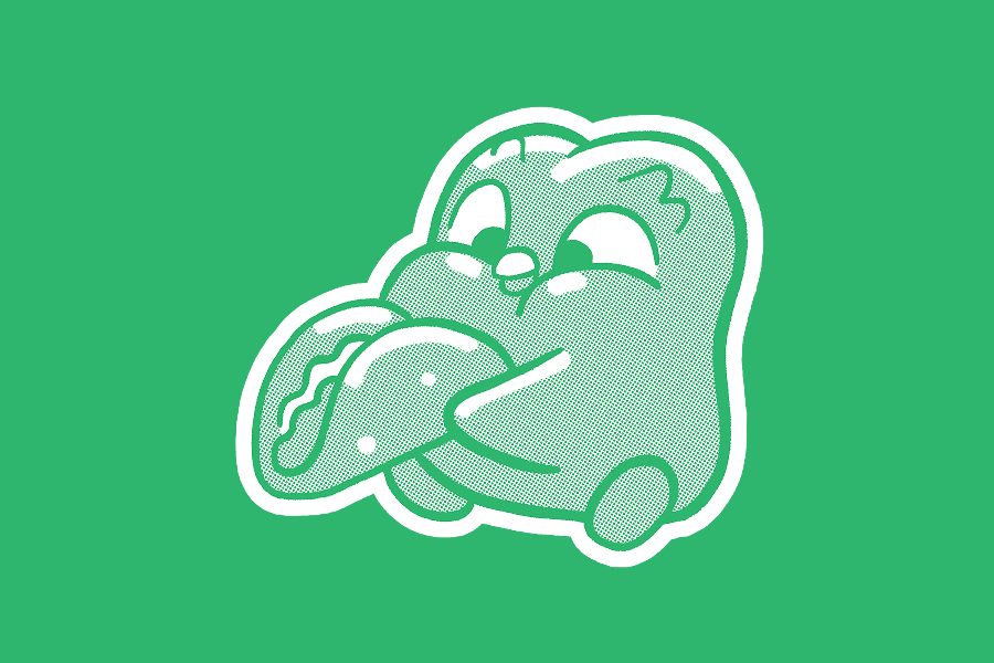 An illustration of Duo the owl with his cheeks stuffed holding a taco