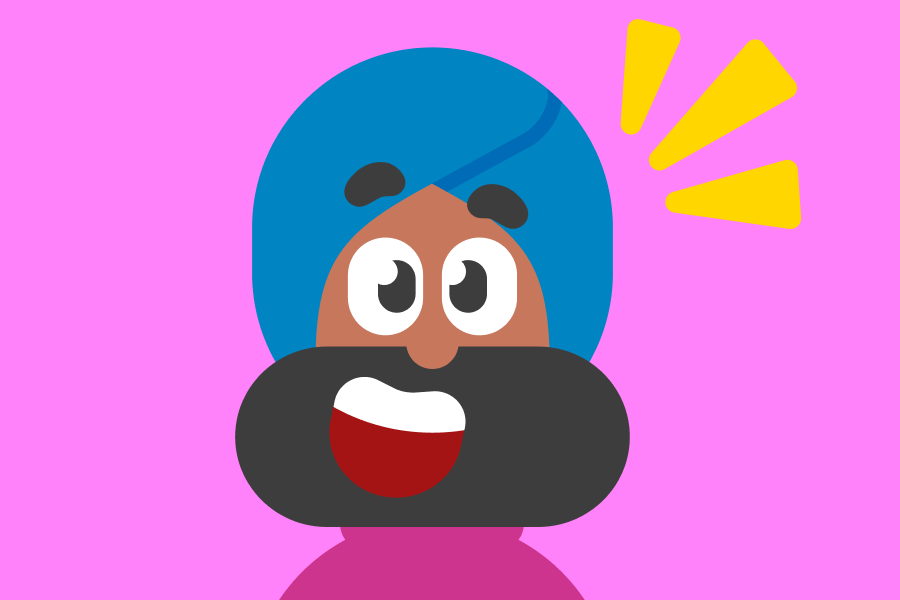 Vikram looks pleased with emphatic marks above his head in surprise or delight