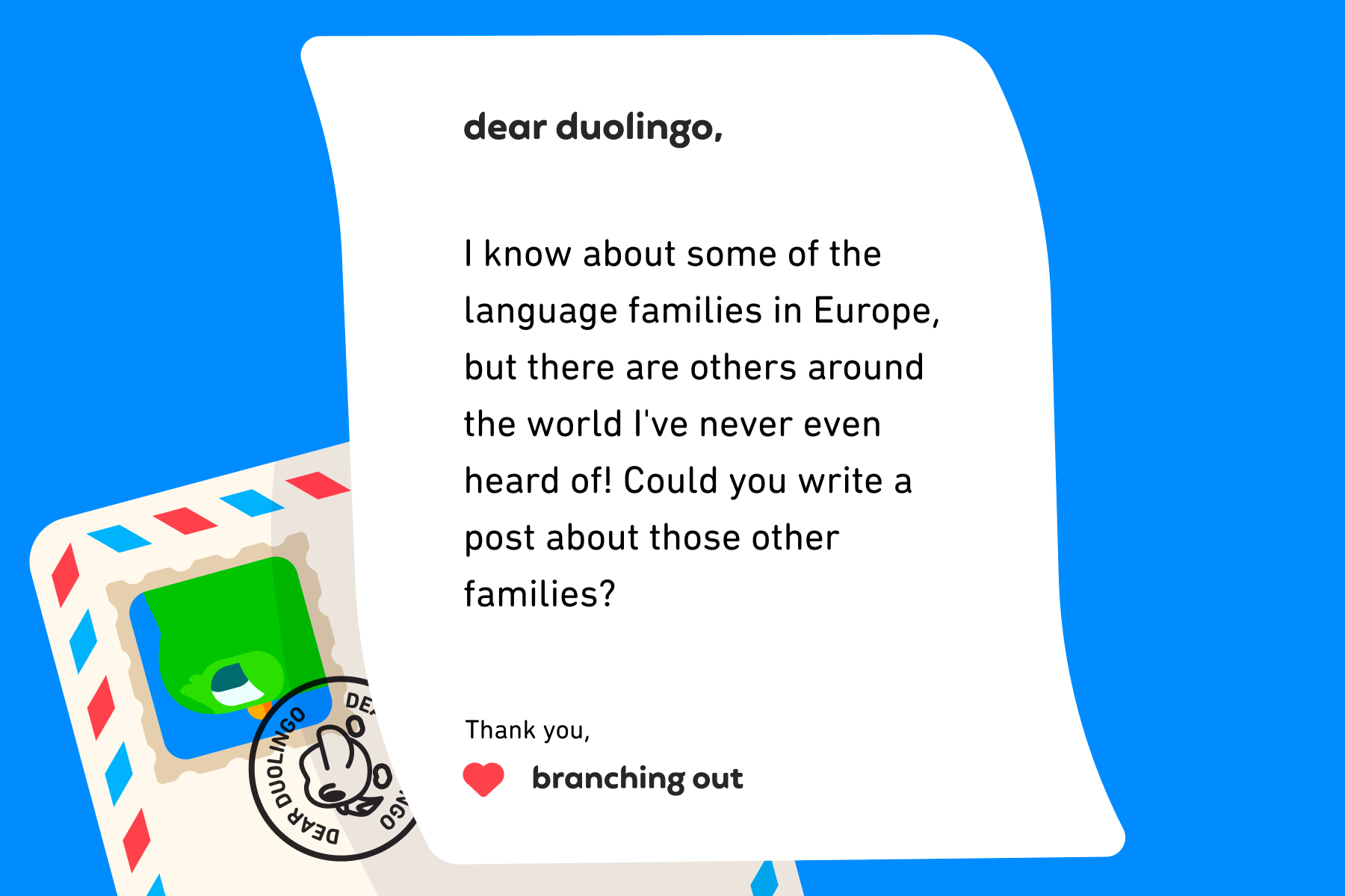 Illustration of a letter to Dear Duolingo that reads: Dear Duolingo, I know about some of the language families in Europe, but there are others around the world I've never even heard of! Could you write a post about those other families? Thank you, Branching Out