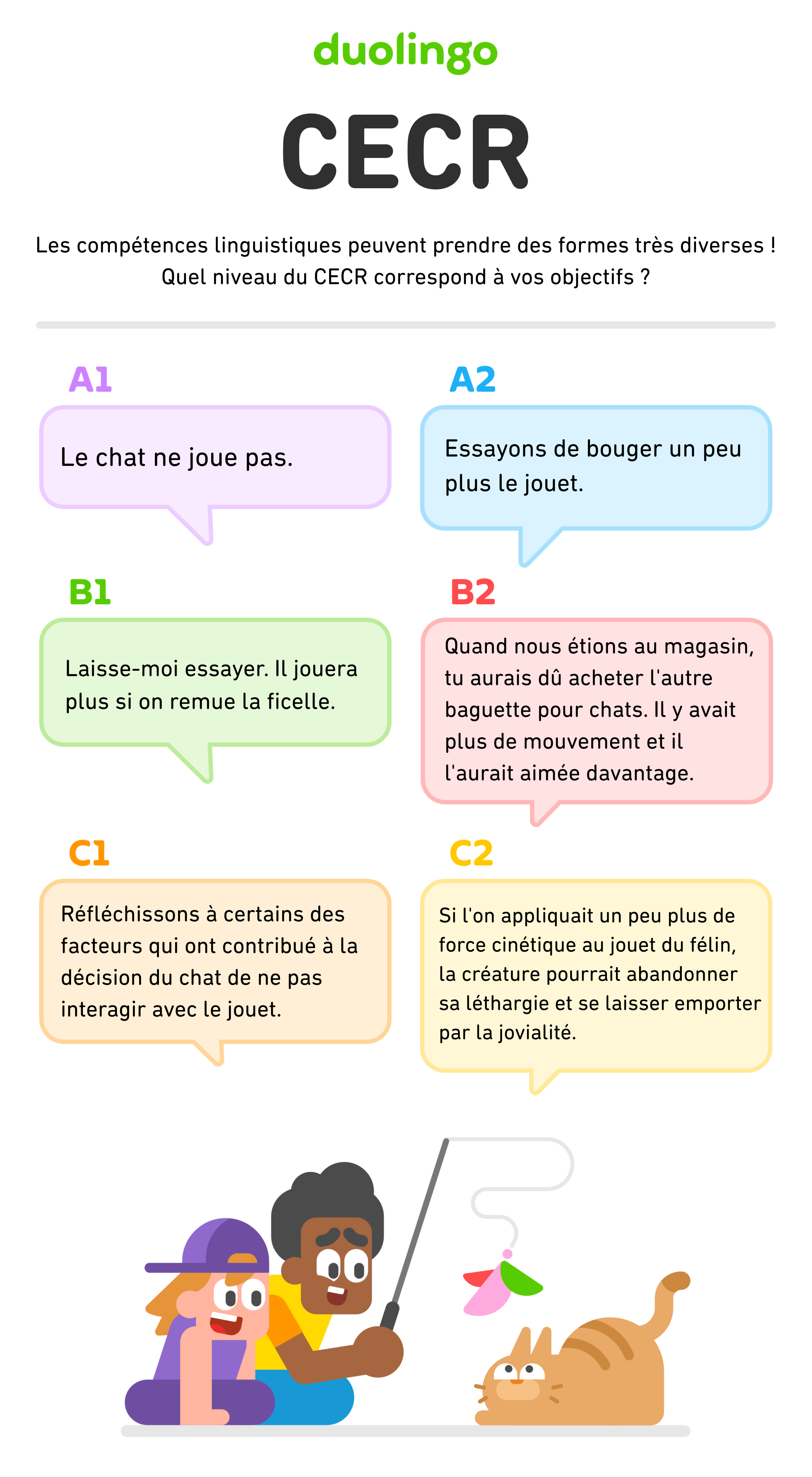 Les différents niveaux du CECR accompagnés d’exemples : A1 : « Le chat ne joue pas. » A2 : « Essayons de bouger un peu plus le jouet. » B1 : « Laisse-moi essayer. Il jouera plus si on remue la corde. » B2 : « Quand nous étions au magasin, tu aurais dû acheter l'autre baguette pour chats. Il y avait plus de mouvement et il l'aurait aimée davantage. » C1 : « Réfléchissons à certains des facteurs qui ont contribué à la décision du chat de ne pas interagir avec le jouet. » C2 : « Si l'on appliquait un peu plus de force cinétique au jouet du félin, la créature pourrait abandonner sa léthargie et se laisser emporter par la jovialité. »