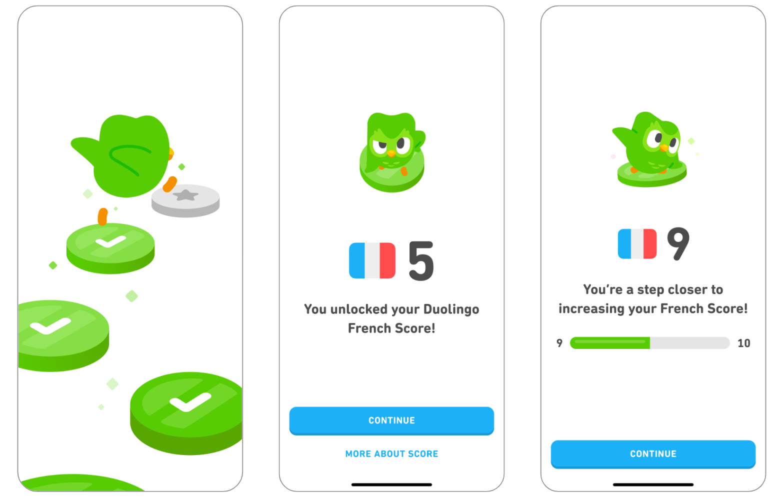 This is an image of three different Duolingo screens showing a learner's French score of 9. In 2024, we launched the in-app Duolingo Score for learners to track their progress and benchmark themselves on our scale because we want Duolingo to be the standard for language proficiency.