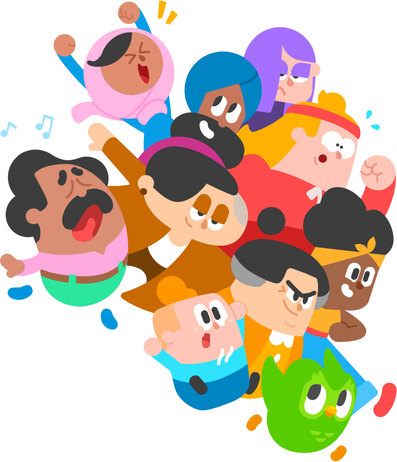 ​​Les personnages de Duolingo en train de sauter en l’air. Ils semblent tous enthousiastes et déterminés.