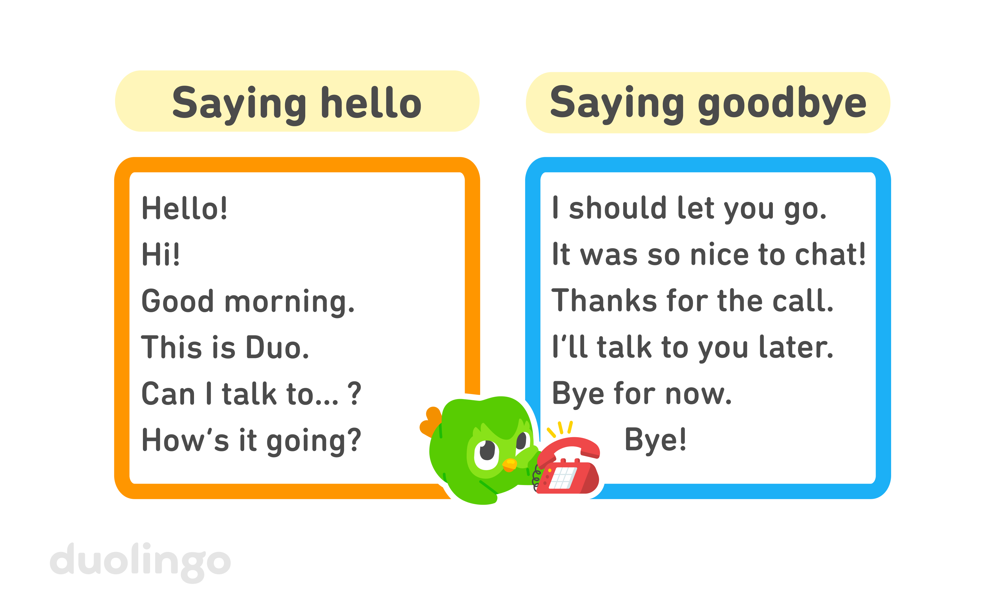 On the left, an orange box labeled "Saying hello" has the following phrases: “Hello!”, “Hi!”, “Good morning.”, “This is Duo.”, “Can I talk to…?”, and “How’s it going?”. On the right, a blue box labeled “Saying goodbye” has the following phrases: “I should let you go.”, “It was so nice to chat!”, “Thanks for the call.”, “I’ll talk to you later.”, “Bye for now.”, and “Bye!” In the middle, Duo is lying down resting his head on his wing while a red phone rings in front of him.
