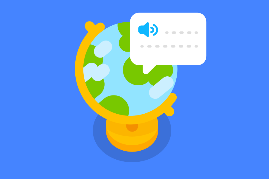 Ilustración de un globo terráqueo con un globo de diálogo sobre él.