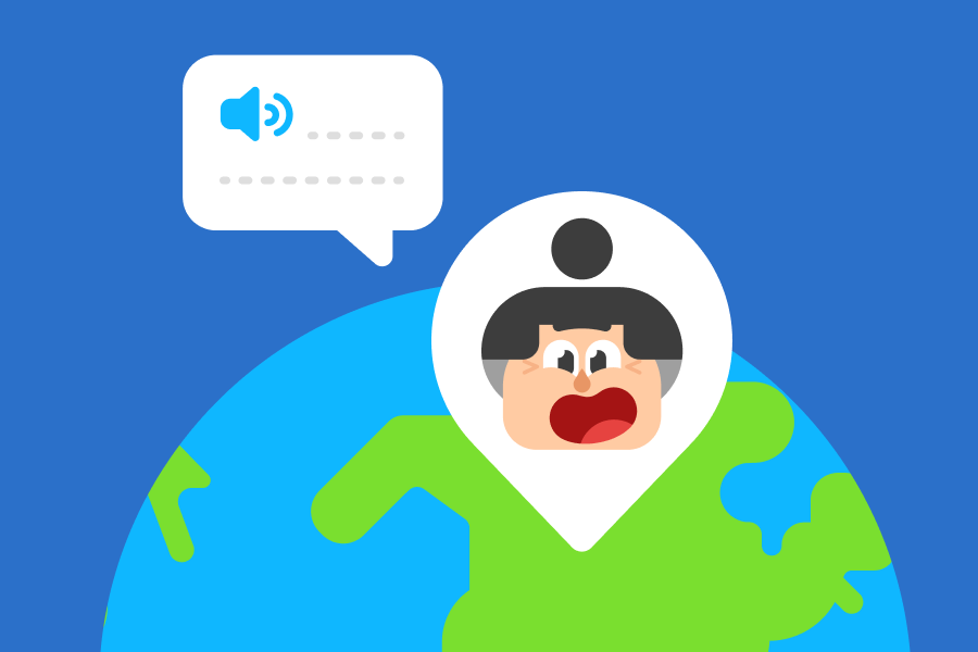 Illustration of the globe, centered on Canada, with Lucy smiling in a location pin next to a speech bubble