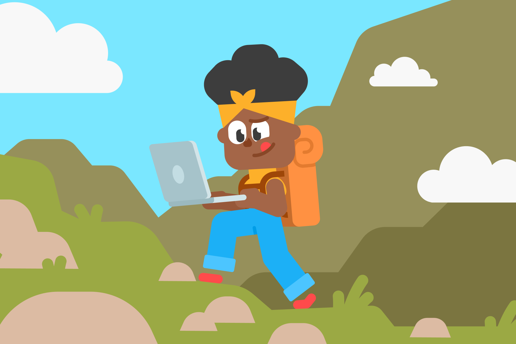  開いたノートパソコンを持ち山歩きするビーのイラスト。