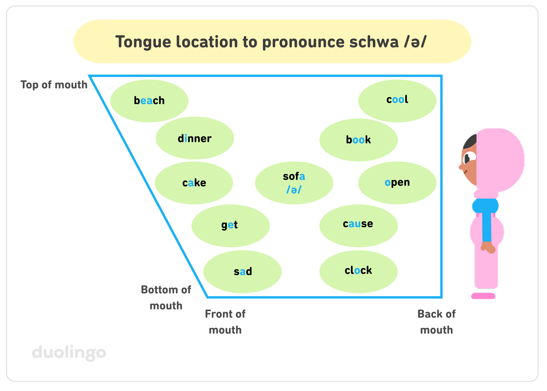 Zari is standing on the right side of the image, facing left so that we see her profile. She is looking at a four-sided shape designed to represent the human mouth, with the top left corner labeled “top of mouth,” the bottom left corner labeled both “bottom of mouth” and “front of mouth,” and the bottom right corner labeled “back of mouth.” Inside the diagram are example words in green bubbles, each with a vowel sound highlighted in blue. From the top left to the bottom left, the words are “beach” with “ea” highlighted, “dinner” with “i” highlighted, “cake” with “a” highlighted, “get” with “e” highlighted, and “sad” with “a” highlighted. From the top right to bottom right, the words are “cool” with “oo” highlighted, “book” with “oo” highlighted, “open” with “o” highlighted, “cause” with “au” highlighted, and “clock” with “o” highlighted. In the center of the diagram is the word “sofa” with “a” highlighted and the International Phonetic Alphabet symbol for schwa, an upside-down “e,” below it.