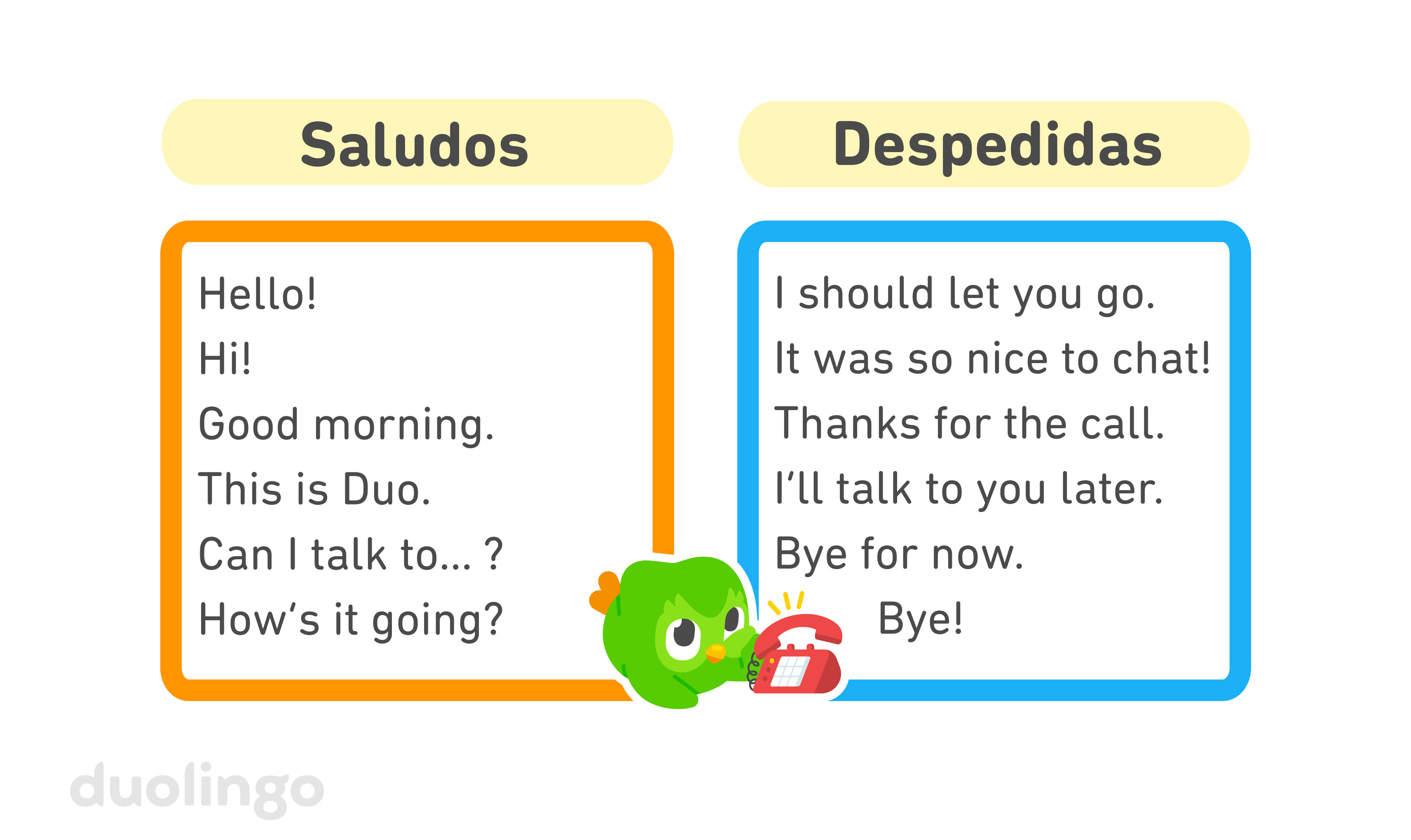 A la izquierda aparece un recuadro naranja titulado “Saludos” que contiene las siguientes frases: “Hello!”, “Hi!”, “Good morning!”, “This is Duo.”, “Can I talk to…?” y “How’s it going?”. A la derecha aparece un recuadro celeste titulado “Despedidas” que contiene las siguientes oraciones: “I should let you go.”, “It was so nice to chat!”, “Thanks for the call.”, “I’ll talk to you later.”, “Bye for now.” y “Bye!”. En el centro está Duo, acostado, con la mejilla apoyada en una de sus alas, mientras un teléfono rojo suena delante de él.
