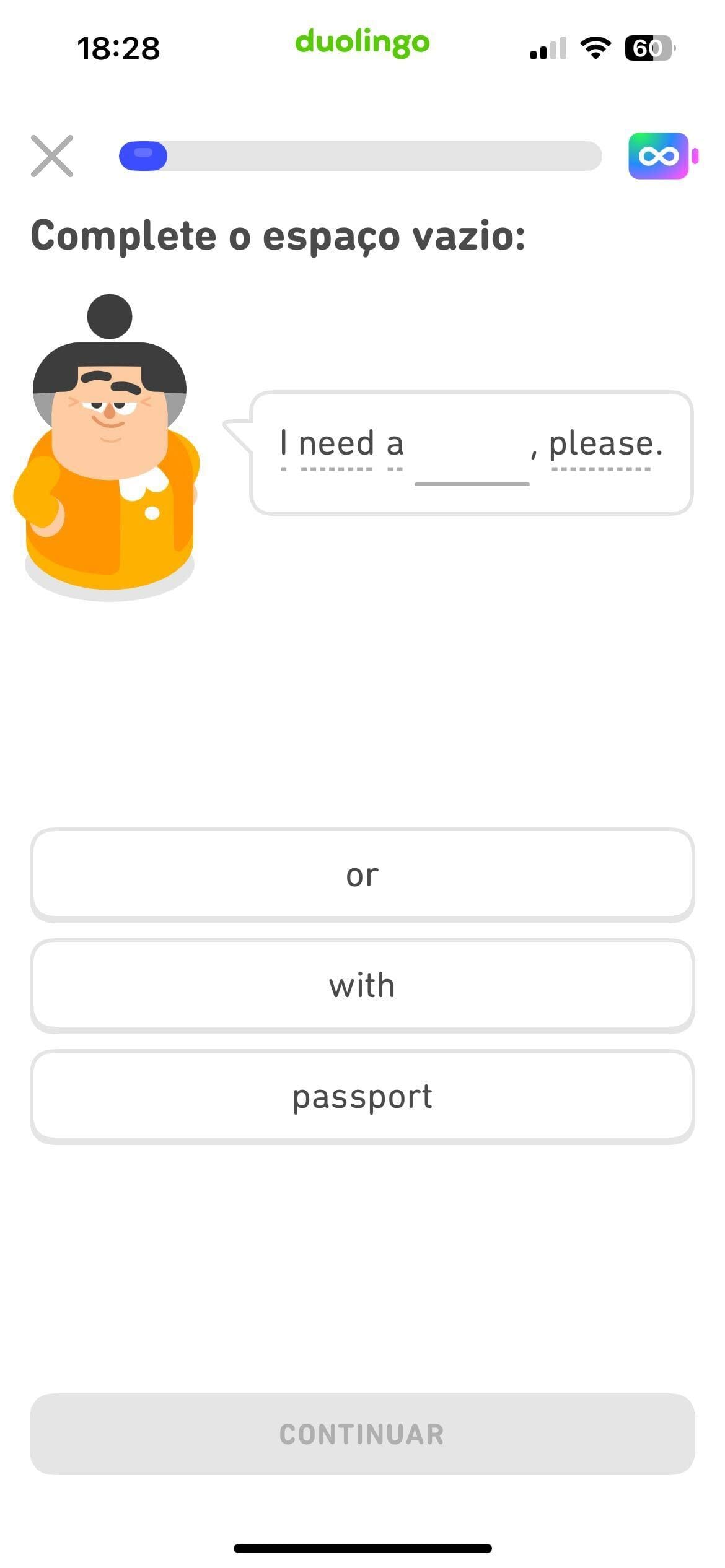 Exercício com o enunciado “Complete o espaço vazio”. A Lucy aparece ao lado de um balão de diálogo com uma frase em inglês que tem uma palavra faltando. Abaixo, há três opções de resposta também em inglês.