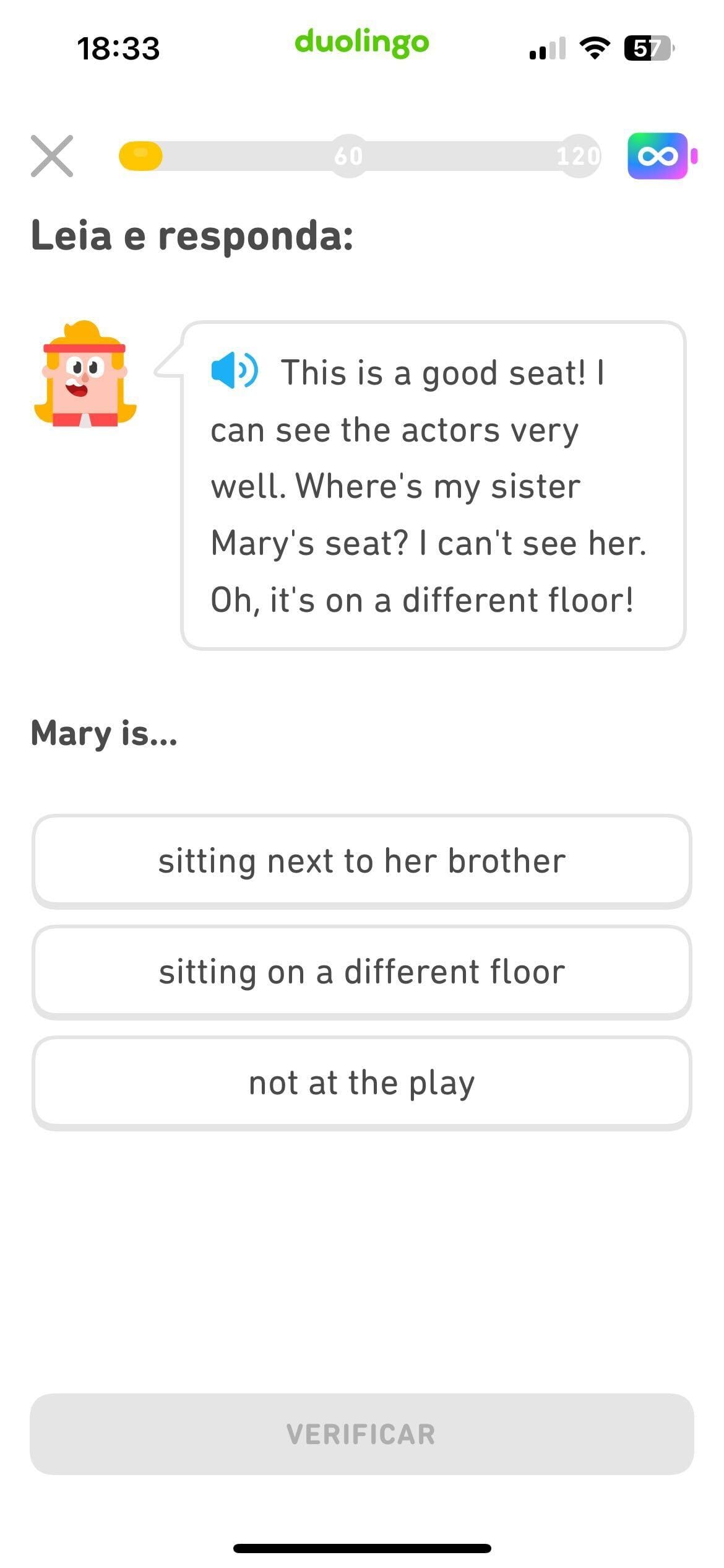 Exercício com o enunciado “Leia e responda”. O Eddy aparece ao lado de um balão de diálogo com um ícone de alto-falante clicável e um parágrafo na língua inglesa. Abaixo, há uma frase incompleta em inglês seguida por três opções de resposta também em inglês.