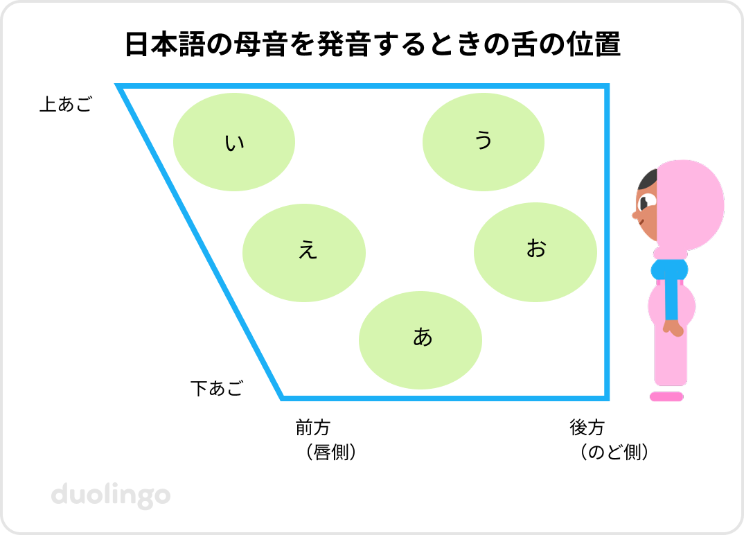 日本語の母音を発音するときの舌の位置。口を模した台形の図があり、左が唇側、右が喉側となっている。デュオリンゴキャラクターのザリが図の横に立っており、彼女の口が図と同じ向きになっている。台形の中には5つの丸があり、それぞれが日本語の母音「あ・い・う・え・お」の発音位置を表している。