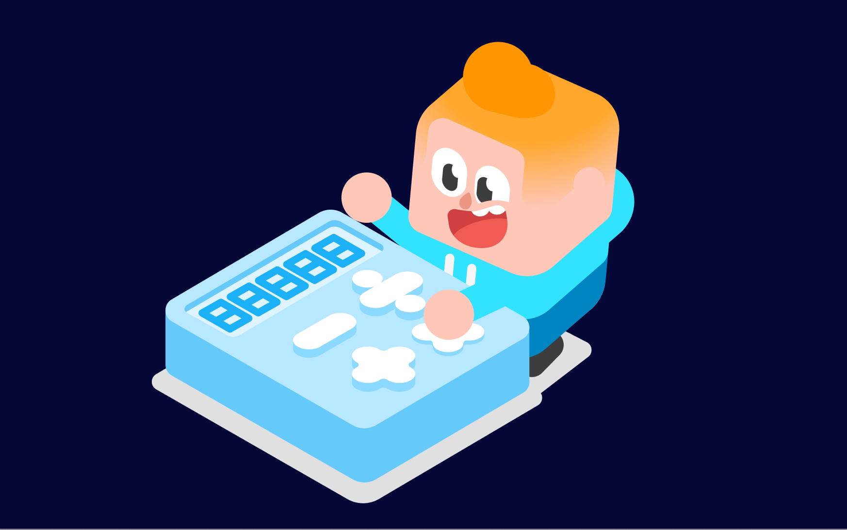 Junior typing on a big blue calculator.