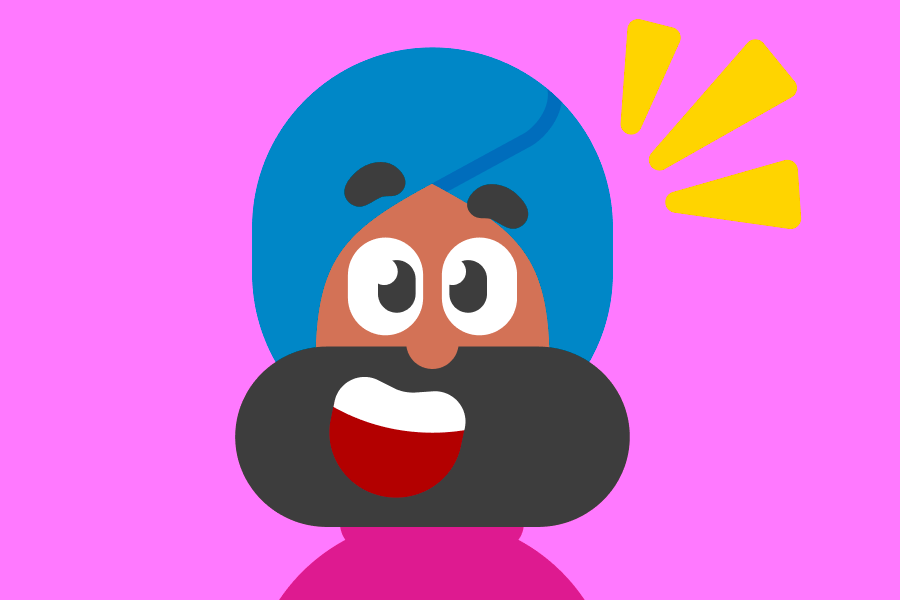 Vikram sourit. Au-dessus de sa tête, de petits traits jaunes traduisent sa joie ou sa surprise.