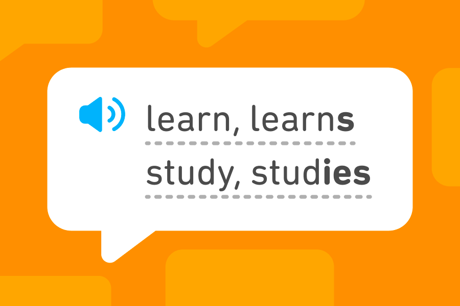 Sprechblase mit den englischen Verben „learn, learns“ und „study, studies“