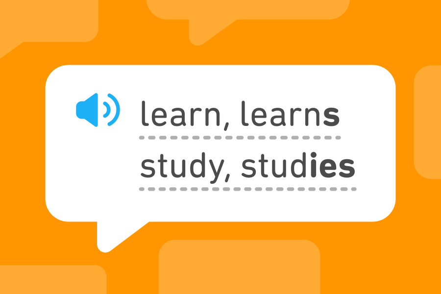 英語の動詞 「learn」と「study」の活用が書かれた吹き出し。