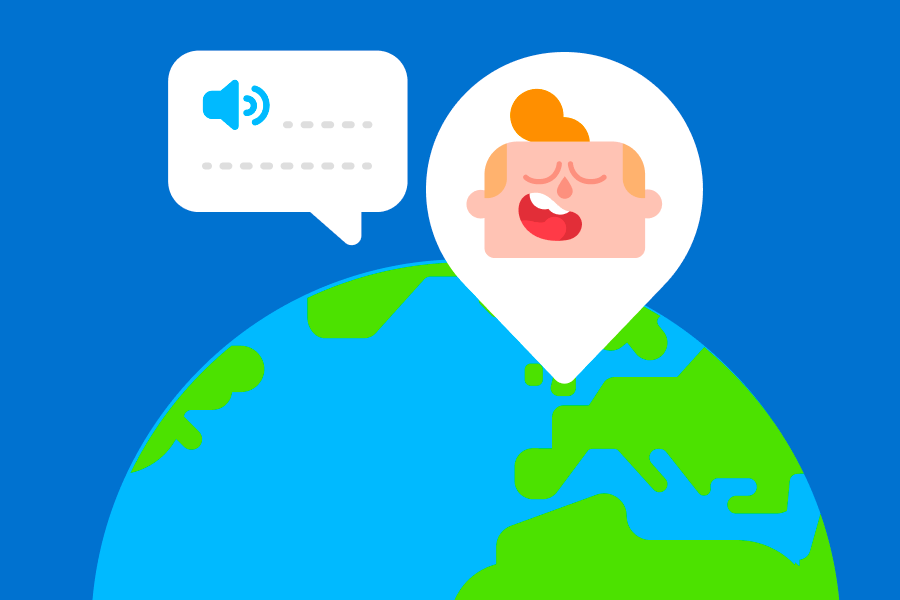 Abbildung der Erdkugel und einer Standortnadel, in der Juniors Kopf über dem Vereinigten Königreich abgebildet ist.