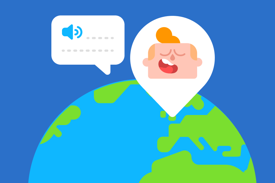 Sur un globe terrestre, on voit la tête de Junior dans une épingle de localisation. À côté flotte une bulle de texte vide.