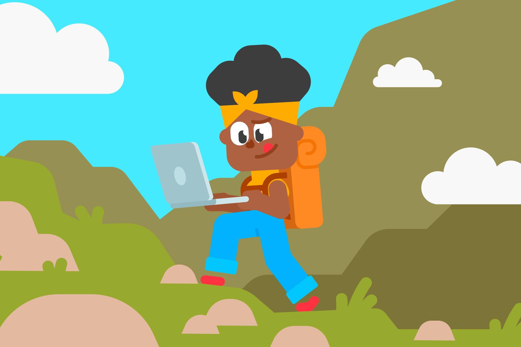 Ilustración de Bea haciendo senderismo en una montaña mientras usa su laptop