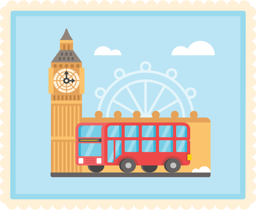 Des illustrations typiquement londoniennes : un bus rouge à impériale, la grande roue London Eye et la tour horloge du palais de Westminster (Big Ben).