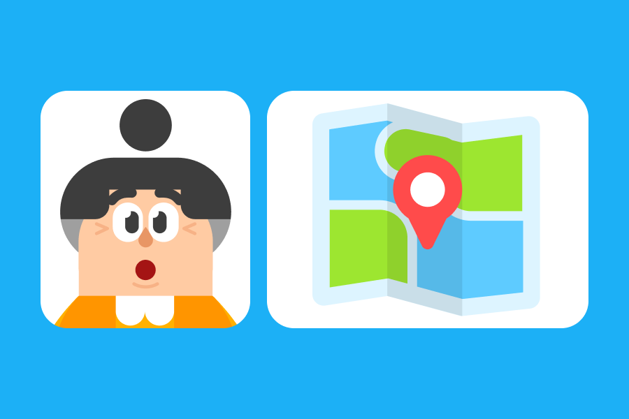 Ilustração da Lucy surpresa ao lado da ilustração de um mapa.