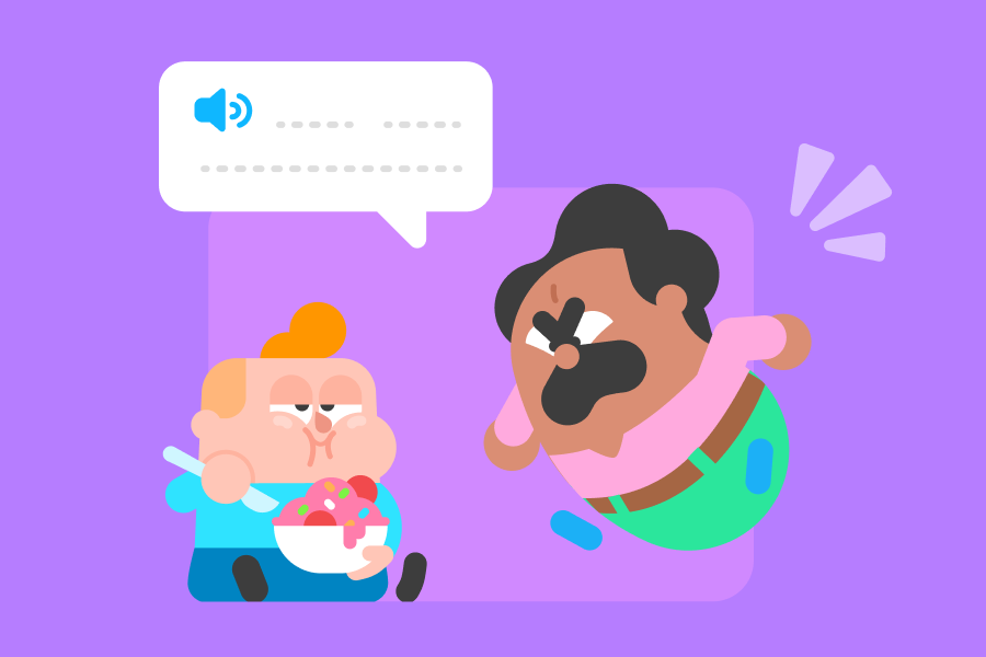 Illustration of Junior sitting on the floor eating a large bowl of ice cream and an annoyed Oscar with a speech bubble.