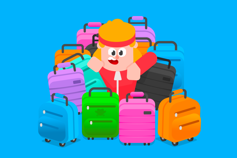 Illustration of Eddy surrounded by about a dozen colorful suitcases