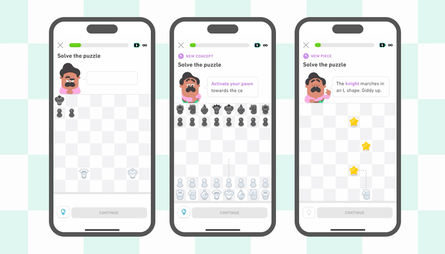 Animated GIF of a mobile chess learning app showing three interactive puzzle screens. In each, a cartoon instructor with a mustache guides the user. The first screen shows a queen checkmating a lone king. The second introduces a new concept, asking the user to activate a pawn towards the center. The third screen explains how the knight moves in an L-shape, with three golden stars appearing to celebrate progress. The app interface is clean and colorful, with a focus on beginner-friendly chess lessons.