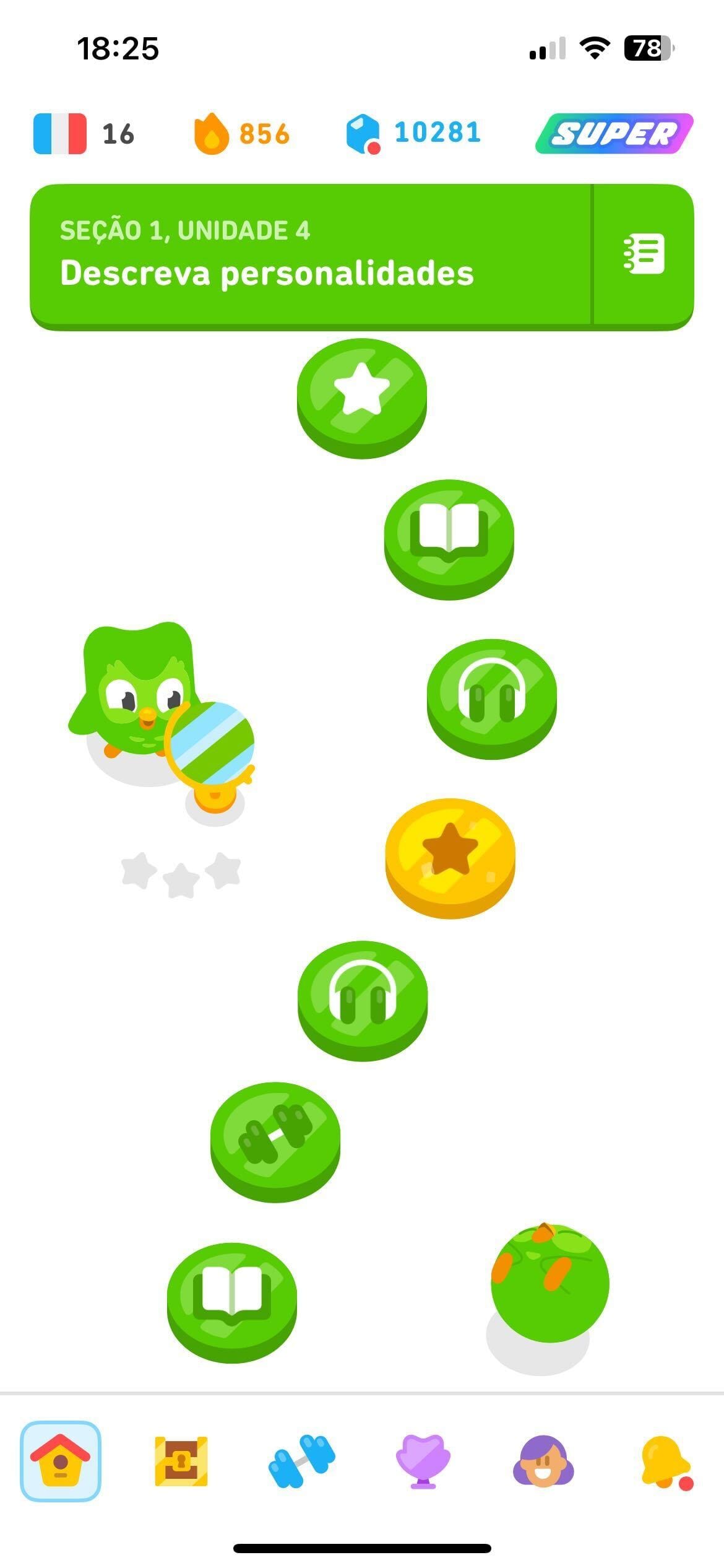 Captura de tela do curso de francês. Todos os níveis da tela já foram completados e um deles está dourado, indicando que o nível dos titãs foi atingido.