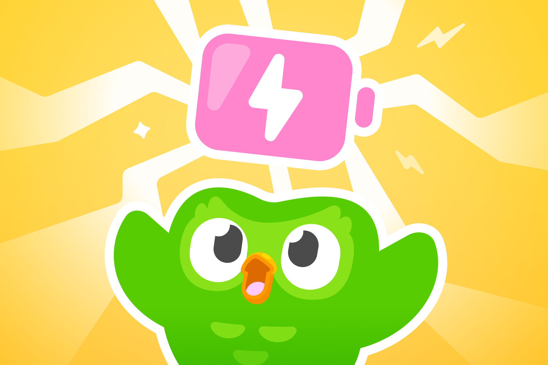 大きなピンクのバッテリーと共に万歳しているデュオのイラスト。