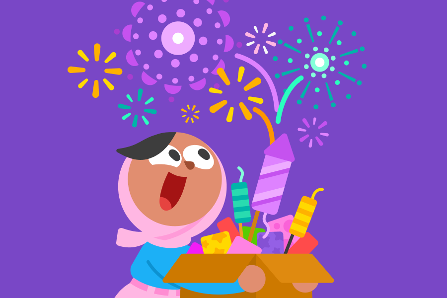 Ilustración de Zari con una caja llena de fuegos artificiales. De fondo, algunos fuegos artificiales explotan en el cielo.