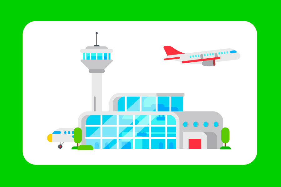 Illustration eines Flughafens mit einem abhebenden Flugzeug