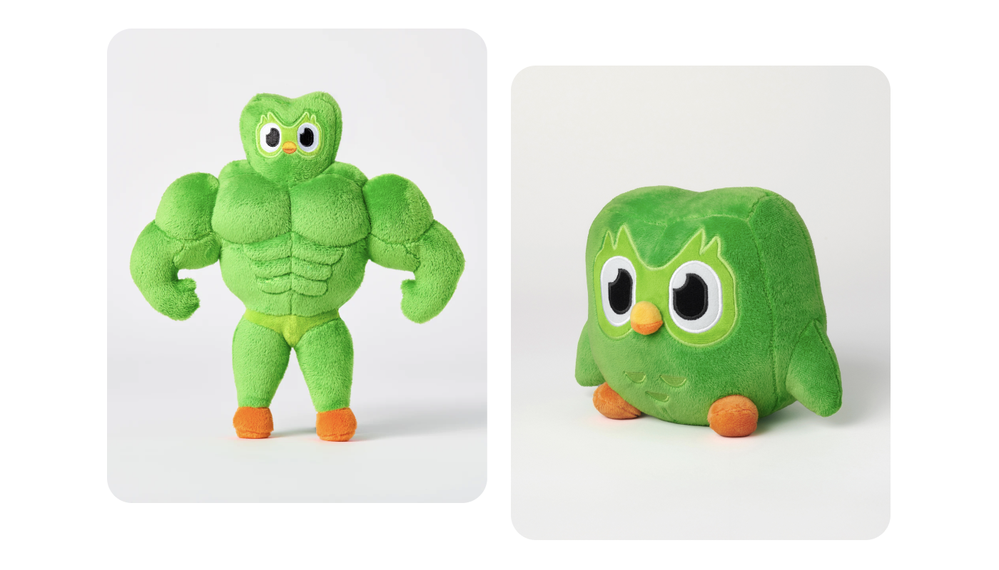 Zwei Abbildungen des Kuschel-Duos, einer kleinen, weichen Stofftier-Version der Eule von Duolingo. Links ist der Kraftprotz-Duo zu sehen, während rechts die kleine, rundliche Version der Eule abgebildet ist.