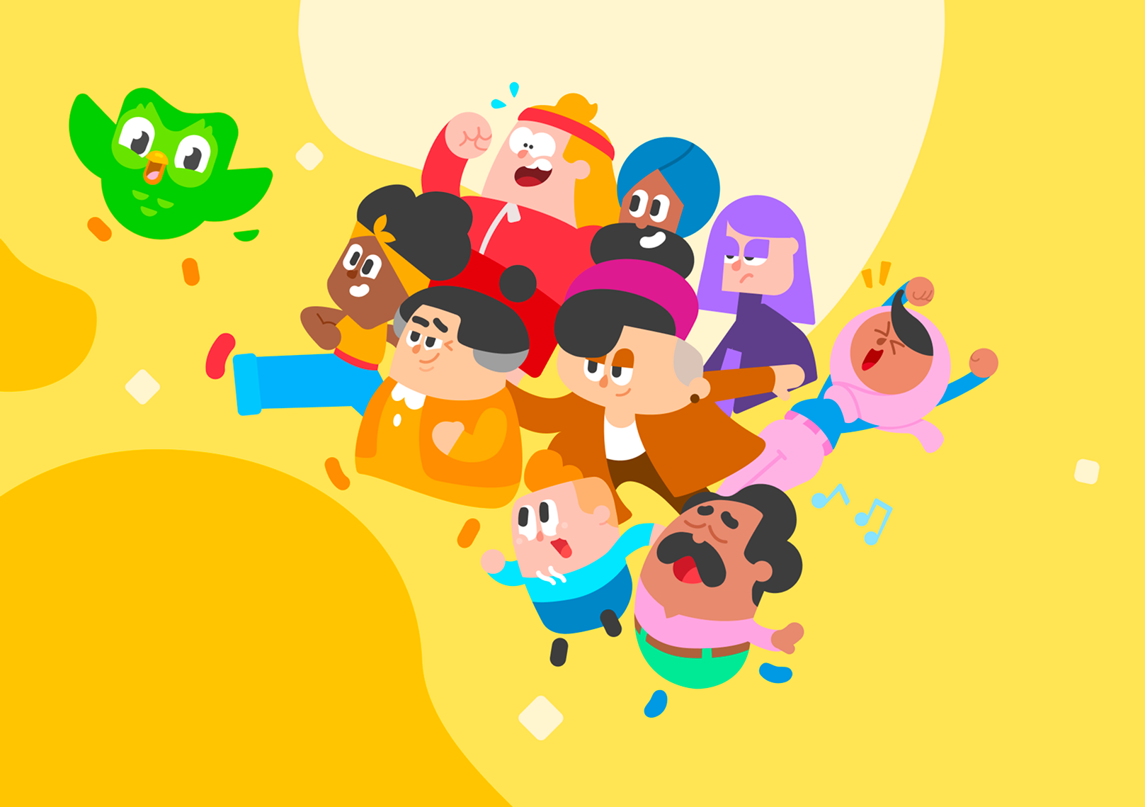 Duo and the full cast of Duolingo characters on a yellow background.