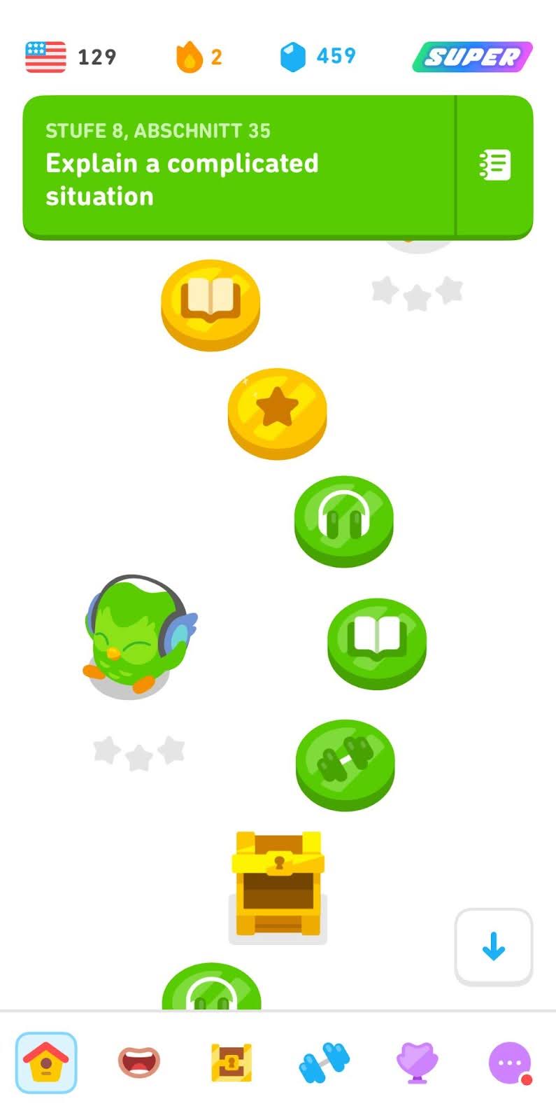 Screenshot des Lernpfads in unserem Spanischkurs. Alle Levels wurden abgeschlossen und die beiden oberen Kreise sind goldfarben, was bedeutet, dass der Königsstatus erreicht wurde.