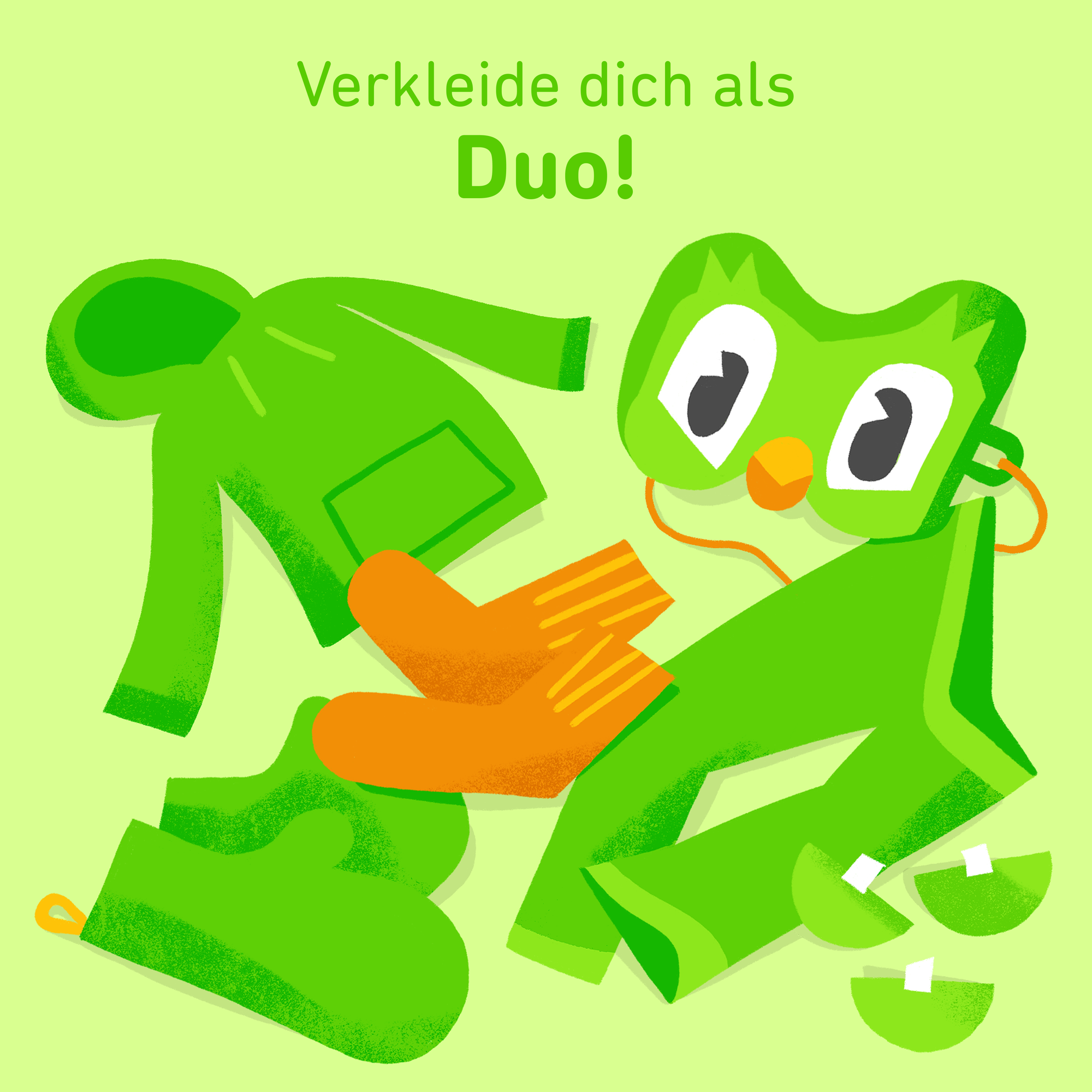 Illustration eines grünen Kapuzenpullis, einer grünen Hose, grüner Fäustlinge, orangefarbener Socken und einer Duo-Maske.