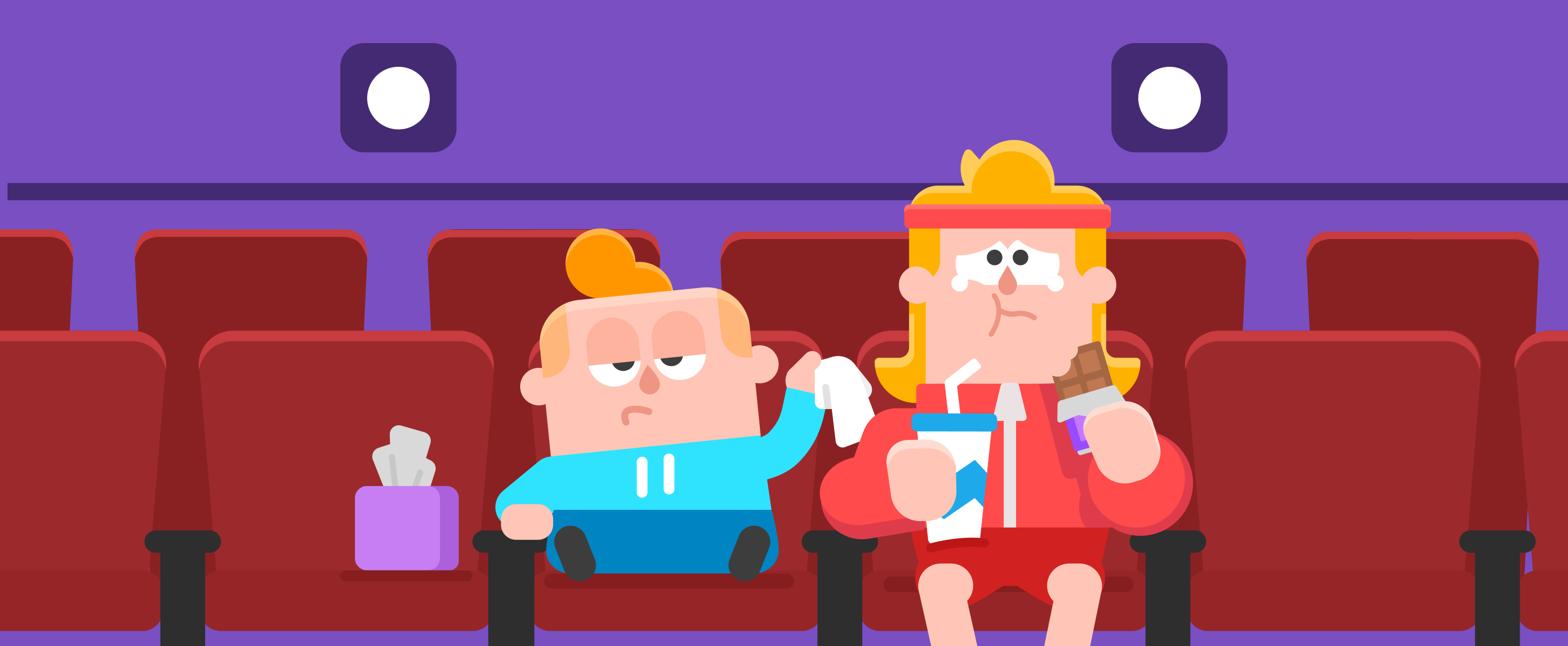 Illustration of Junior and Eddy sitting in a movie theater. Junior looks bored and is handing a tissue to Eddy, whose eyes are filled with tears.