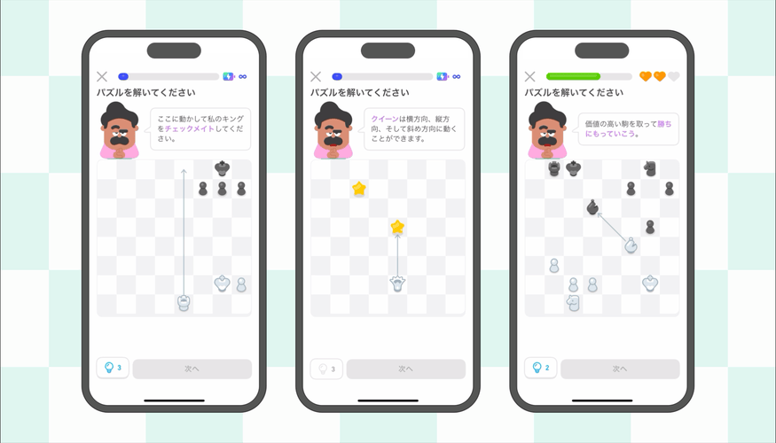 チェスコースの画面ショット3点。いずれも、口ひげを生やしたインストラクターのオスカーがユーザーを指導する。最初の画面ではクイーンがキングをチェックメイトしている。2つ目の画面では、ユーザーにクイーンの動かし方を教えている。3つ目の画面では、価値の高い駒を取ることで勝ちに持って行く考え方を教えている。アプリのインターフェイスはすっきりとカラフルで、初心者にやさしいチェスのレッスンに重点を置いている。