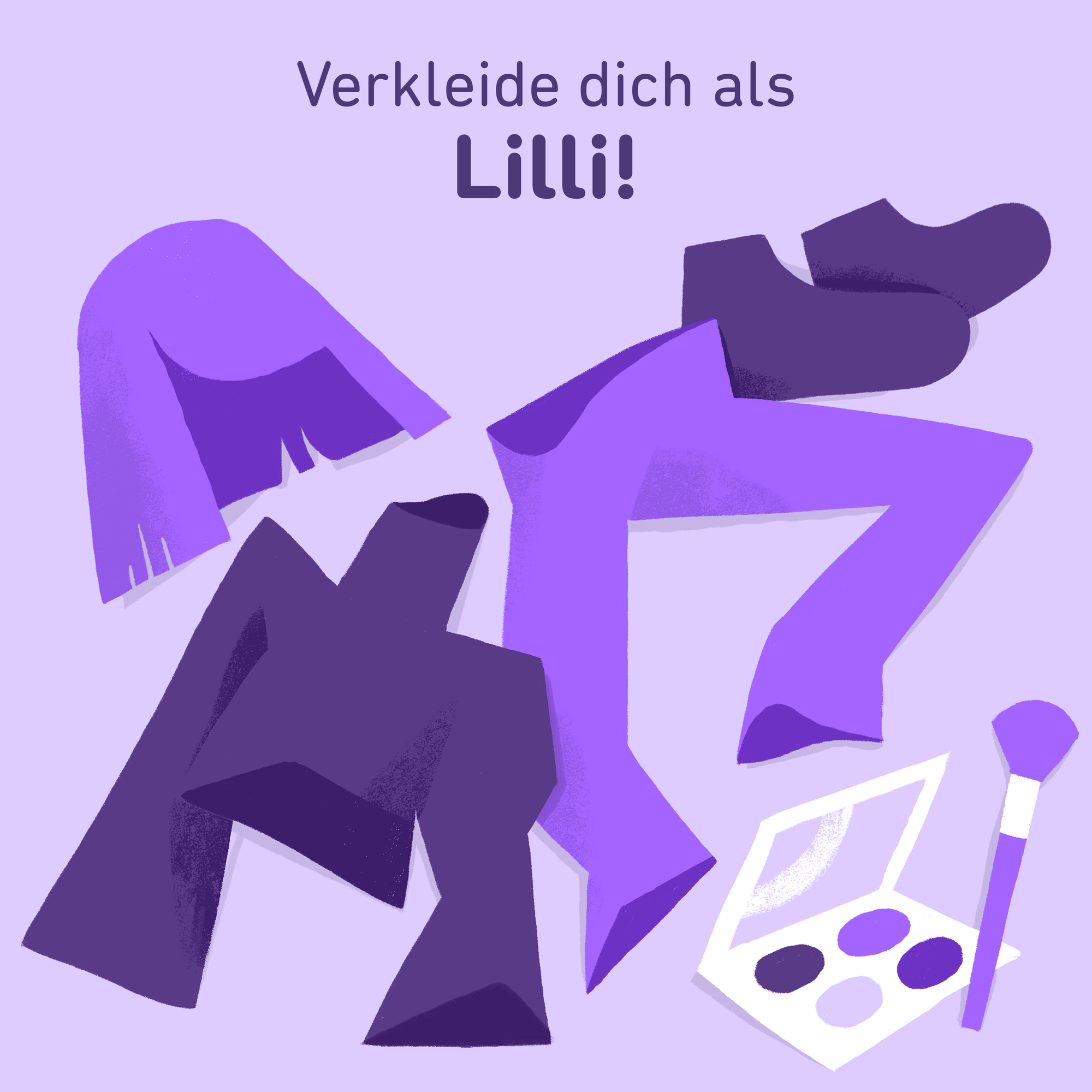 Illustration einer lila Perücke, eines lila Rollkragenpullovers, einer lila Hose, lila Schuhen und eines lila Make-up-Sets.