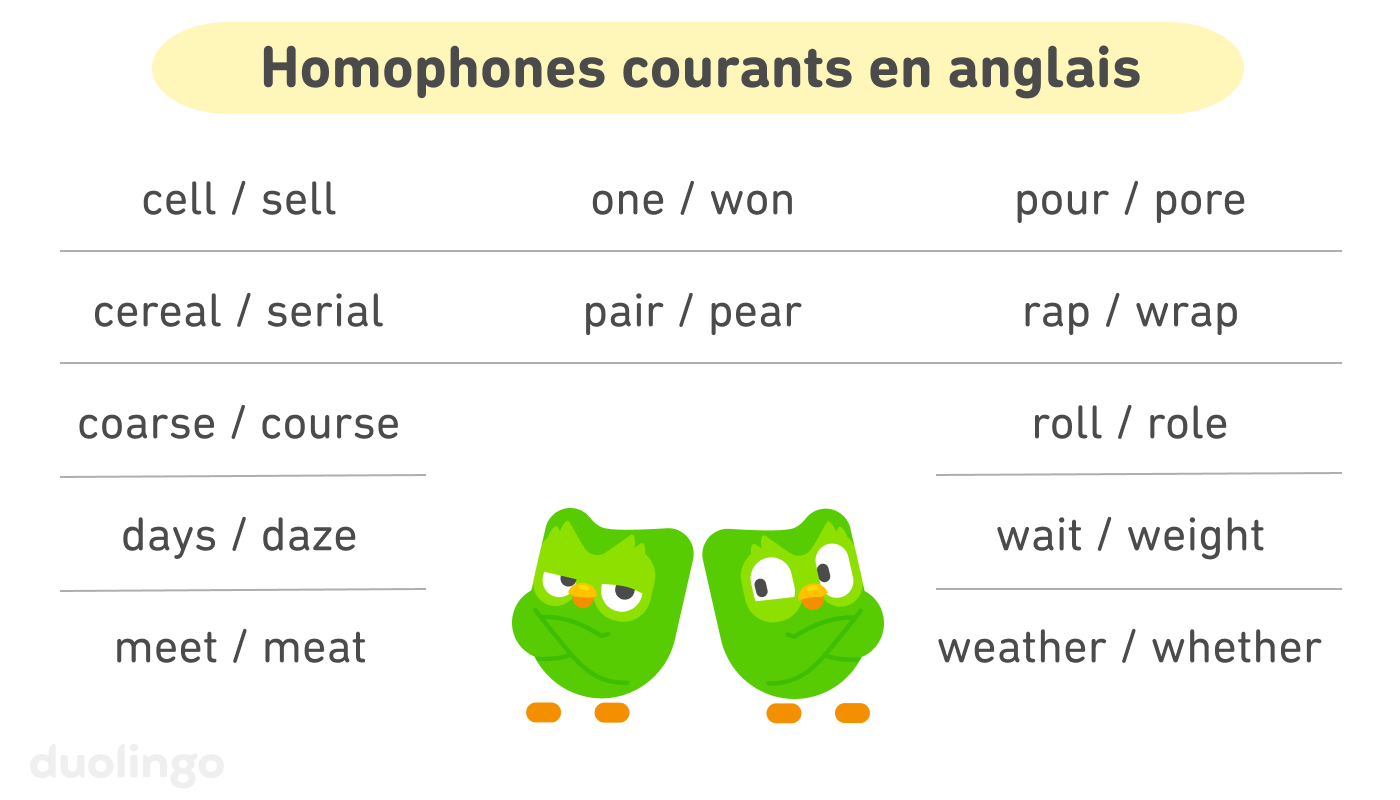 Liste de paires de mots intitulée « Homophones courants en anglais ». Deux Duos sont debout dos à dos, et l’un paraît surpris de voir l’autre. Les paires de mots sont : cell-sell, cereal-serial, coarse-course, days-daze, meet-meat, one-won, pair-pear, pour-pore, rap-wrap, roll-role, wait-weight et weather-whether.