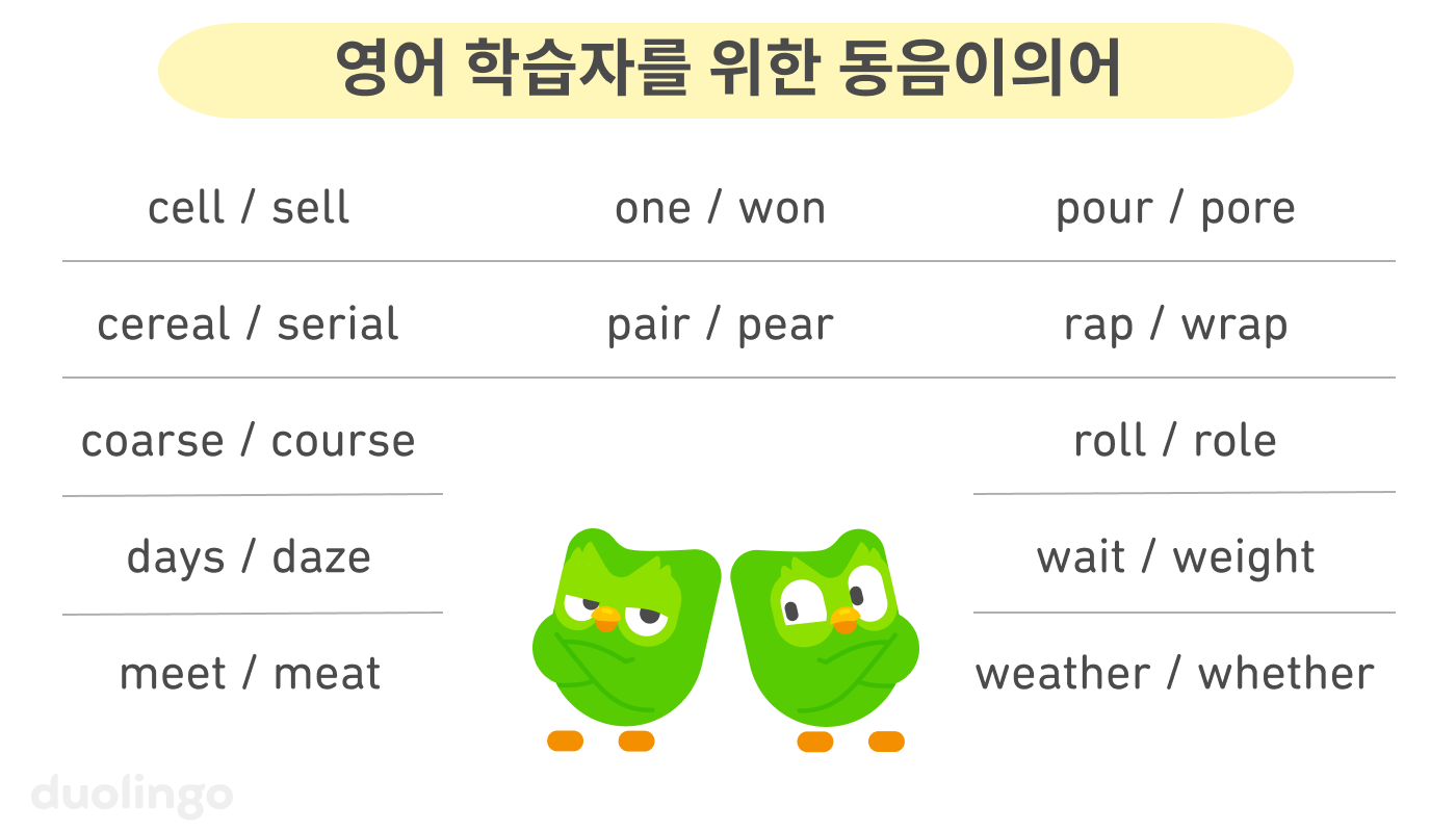 상단에 제목이 “영어 학습자를 위한 동음이의어”라고 써 있고 그 아래 단어 목록이 있다. 하단 중앙에는 듀오 두 마리가 나란히 서 있다. 그 중 한 듀오가 다른 듀오를 보고 놀란 표정이다. 단어 목록은 다음과 같다: cell-sell, cereal-serial, coarse-course, days-daze, meet-meat, one-won, pair-pear, pour-pore, rap-wrap, roll-role, wait-weight, and weather-whether.