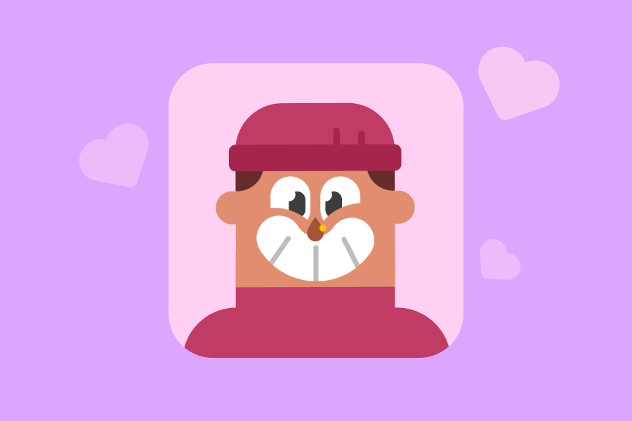 Ilustração de uma pessoa com sorriso largo, usando uma boina e uma blusa de gola alta vermelhas. Há corações em volta dela.