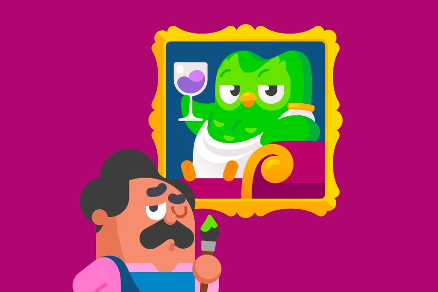 Oscar holding a paintbrush and winking in front of a gold-framed painting of Duo as a Greek god